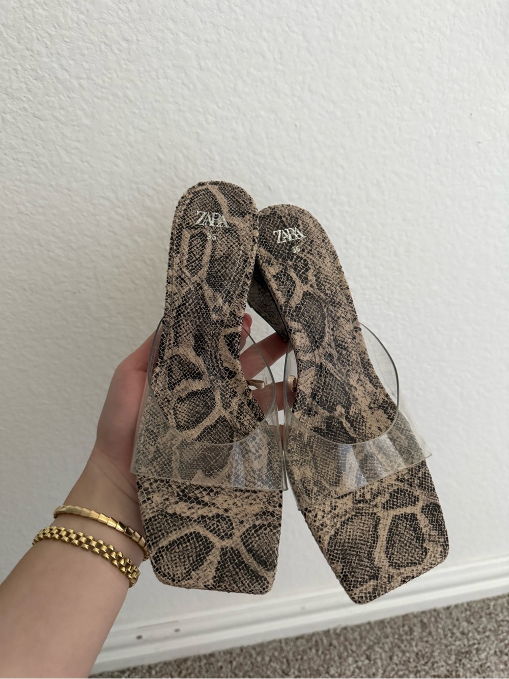 Zara Tan and Brown Snake-Print Slides with Clear Strap